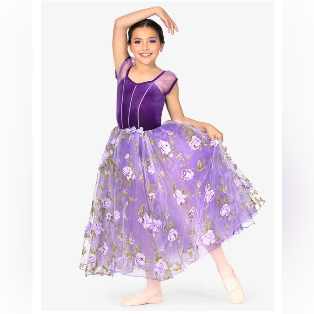 Elisse dance costume, purple floral dramatic tutu, size large child
